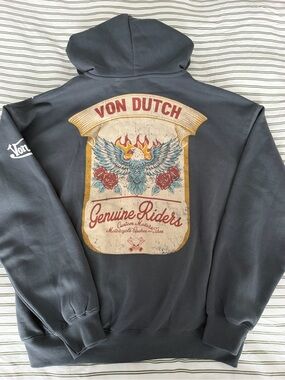 Von Dutch Charcoal Gray Zip-Up Hoodie with Vintage Graphic
